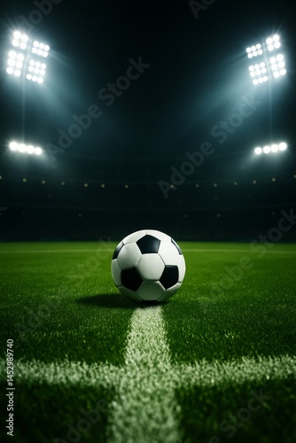 Obraz na płótnie Bright Stadium Lights Illuminate a Soccer Ball on the Field During an Evening Match w salonie