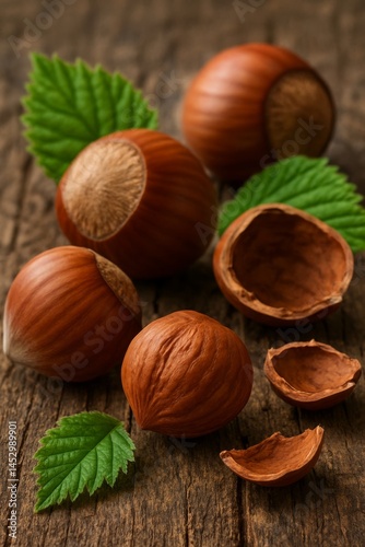 Hazelnuts in Their Shells Resting on a Wooden Table With Green Leaves Nearby