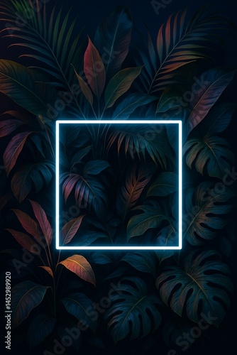 Colorful Neon Frame Surrounded by Tropical Leaves on a Dark Background