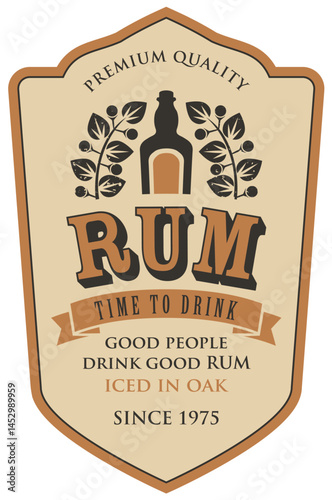 Vector label with the inscription Rum, and the words Time to drink. Bottle of rum and laurel wreath on a black background in vintage style. No AI used