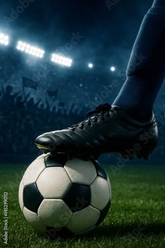 Player Balances on Soccer Ball Under Dramatic Stadium Lights During a Nightti...