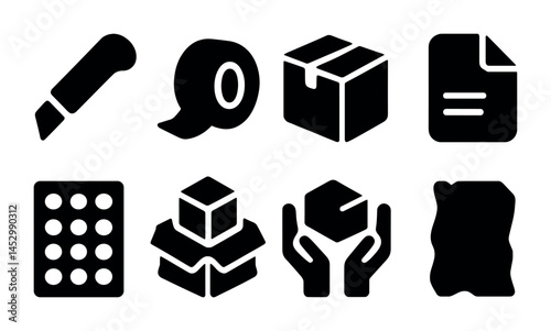 Packaging and shipping solid icons set – silhouette, logistics, delivery symbols