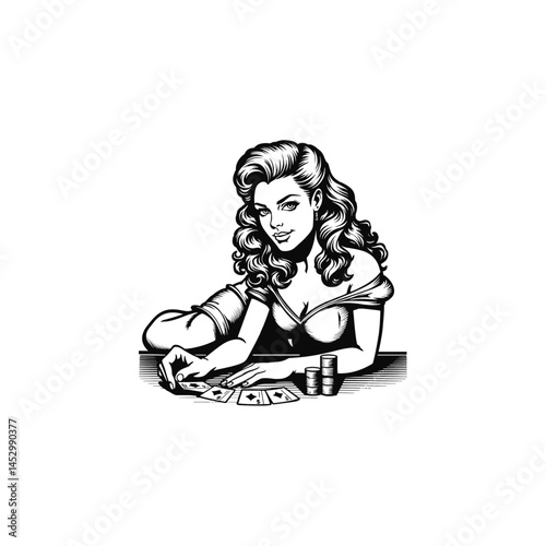 Vintage Casino Lady Playing Cards – Retro Style Illustration, drawn in an engraved, woodcut style with fine details sketch engraving vector illustration. Scratch board imitation. Black and white image
