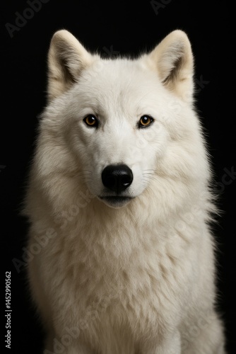 White Wolf With Striking Features Poses Against Black Backdrop Showcasing Its...