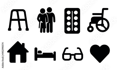 Elderly care solid icons set – filled, healthcare, senior support symbols