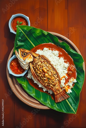 Digital illustration of fried fish with rice, chili sauce, and fresh vegetables on a banana leaf in a wooden plate. Wooden table background. 