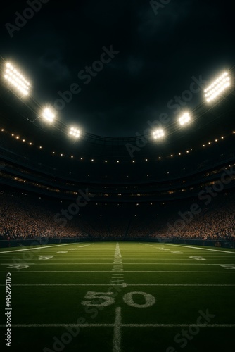 Exciting Football Stadium Filled With Fans Under Bright Lights During a Night...