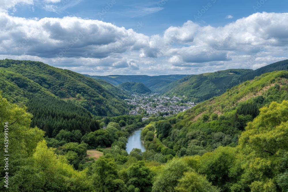 Panoramic view of the Serene City in the majestic Eifel Mountains of Germany near the Ruhr mountain river
Panoramic view of the Serene City in the majestic Eifel Mountains of Germany near the Ruhr mountain river