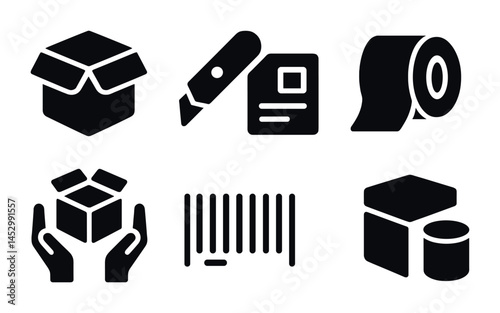 Shipping and packaging icons set – solid, filled, logistics and delivery symbols