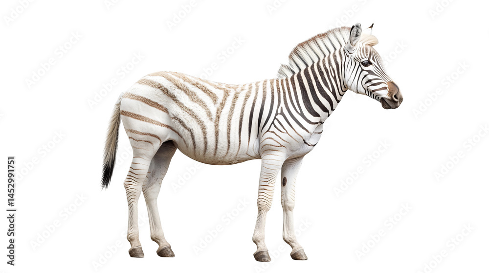 Obraz premium Striking Zebra with Reverse Stripes: An exceptionally rare and visually striking zebra, showcasing reversed black and white stripes, stands isolated against a pure white backdrop.