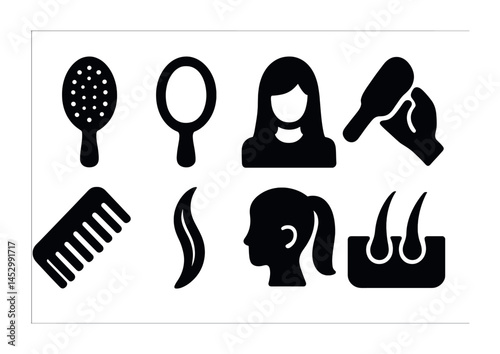 Hair and beauty solid icons set – silhouette, filled, styling and grooming symbols