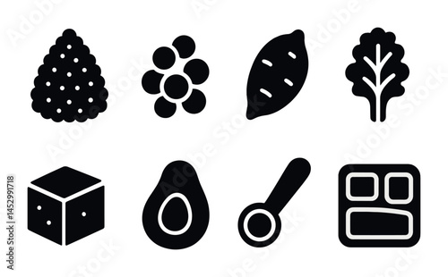 Healthy food silhouette icons set – organic, nutrition, fresh produce symbols