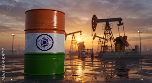Indian Flag Oil Barrel on Sunrise Oilfield with Pump Jacks and Wet Reflections