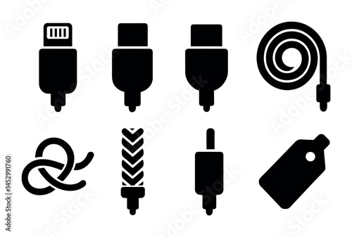 Cable and connector solid icons set – electronics, wiring, charging symbols