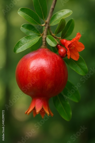 Bright Red Pomegranate Fruit Hanging From a Green Branch With Small Orange Fl...