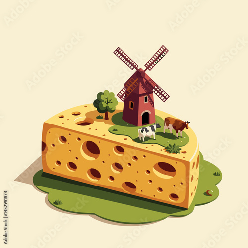 Stylized vector poster of a cheese wedge with a windmill and grazing cows on a green landscape
