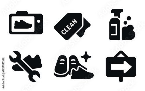Shoe care solid icons set – cleaning, maintenance, footwear essentials