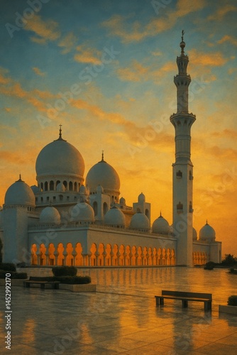 Beautiful Mosque Illuminated by Sunset in Serene Landscape of Abu Dhabi