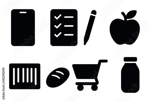 Grocery shopping essentials: checklist, cart, and food icons for design