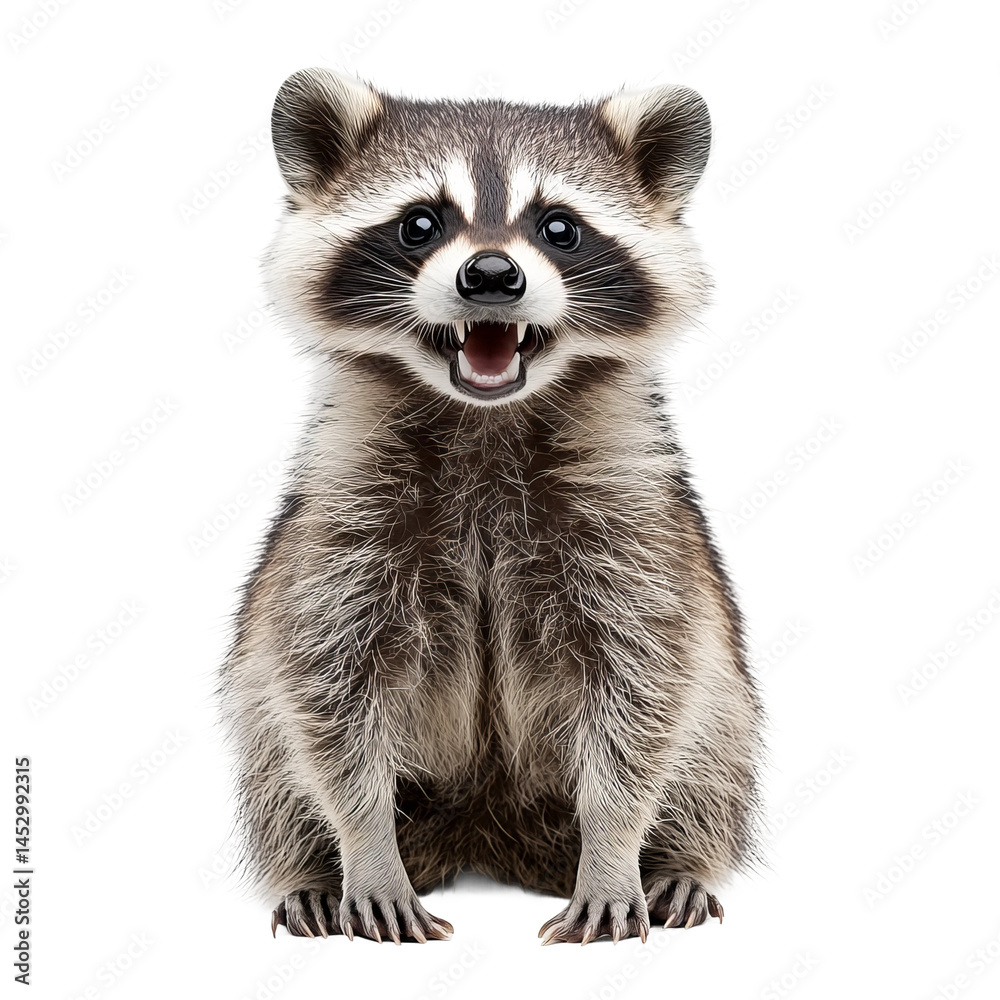 Fototapeta premium Raccoon Portrait: A close-up portrait of a playful raccoon with a mischievous grin, captured with a white background. The raccoon's playful expression is sure to delight viewers.