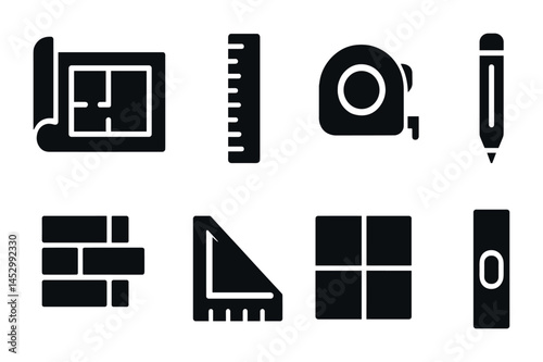 Construction and architecture icons set – solid, filled, building tools and design