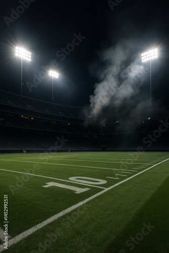 Nighttime Football Field With Stadium Lights Illuminating the Grass and Smoke...