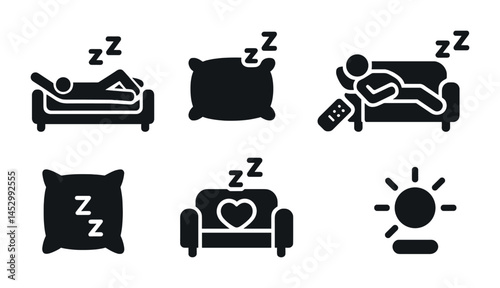 Sleep and relax solid icons set – filled dreamy rest and relaxation symbols