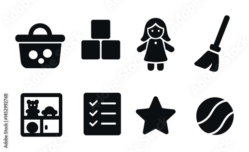 Childcare and toys silhouette icons set – flat, solid, kids and playtime symbols