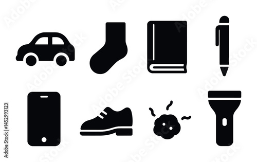 Everyday objects solid icons set – silhouette, filled, practical and household symbols