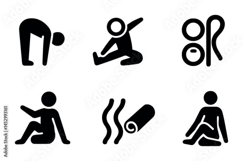Fitness and yoga solid icons set – workout, exercise, health symbols