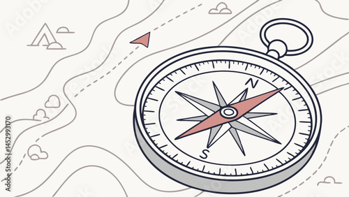 Compass illustration navigating through a stylized landscape  