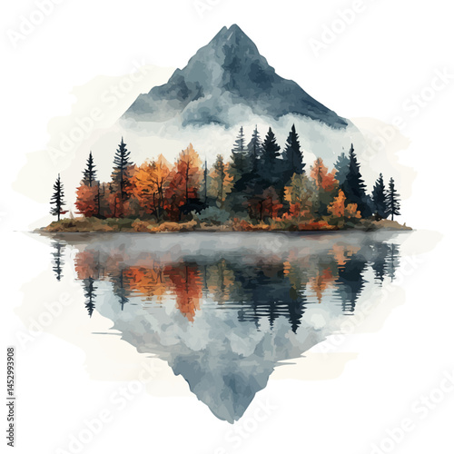 Autumn Fog Rolling Across A Quiet Lake, watercolor vector, isolated on a white background.
