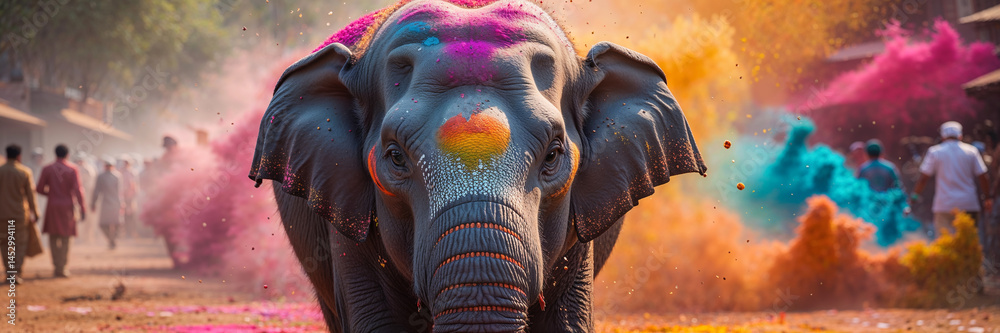 elephant, bright colors, Holi festival India