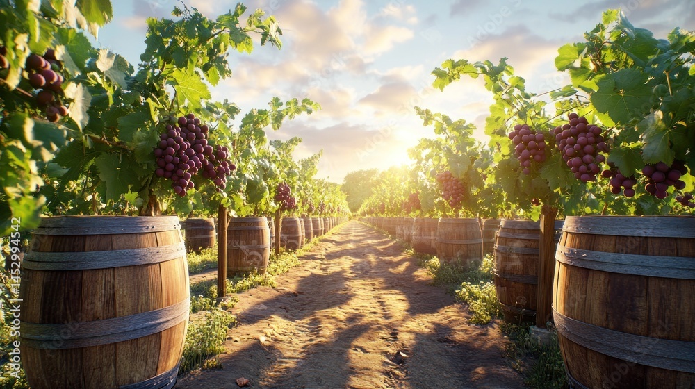 Naklejka premium Vineyard sunset grapes and barrels
