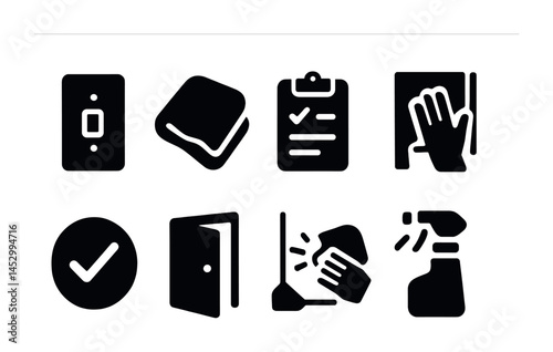 Cleaning and sanitation solid icons set - hygiene, checklist, cleaning tools
