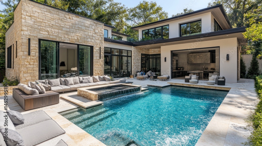Fototapeta premium Modern home's backyard pool, spa, and patio (1)