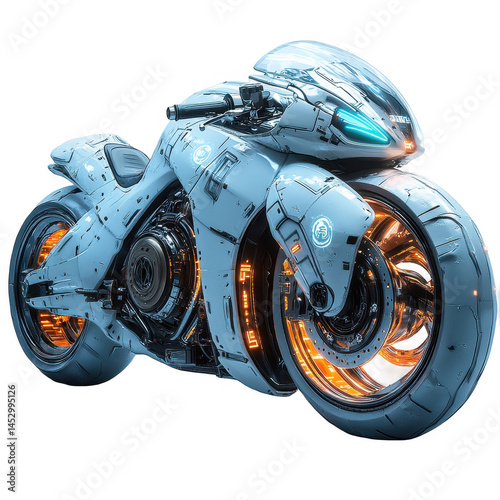 Futuristic motorcycle concept art white cyberpunk bike design illustration on transparent background