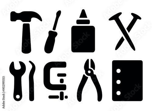 Diy tools solid icons set – flat, filled, repair and construction symbols
