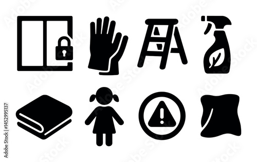 Home safety and cleaning solid icons set – filled, household, protective symbols