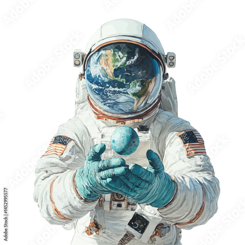 illustration of Astronauts Glove Holding A Tiny Planet, watercolor vector, isolated on a white background.