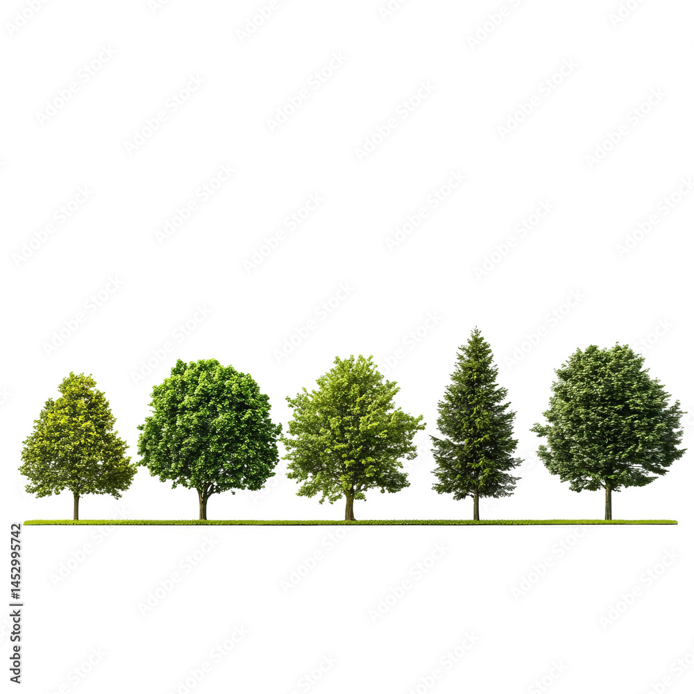Obraz premium Tree Diversity: A row of five vibrant trees stand in a harmonious line, showcasing the beauty of nature's variety, with a range of foliage shapes and sizes against a clean background.