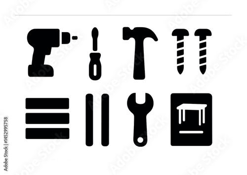 Construction tools solid icons set – filled, repair, and diy project symbols