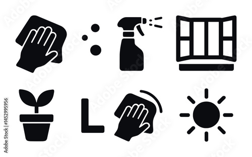 Cleaning and maintenance solid icons set – home, hygiene, sanitation essentials