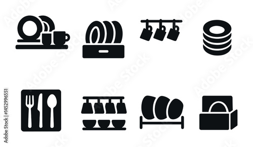 Kitchenware solid icons set – flat, filled, cooking and dining symbols