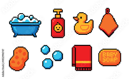 Bath time silhouette icons set – clean, pixel art, hygiene and baby bath essentials