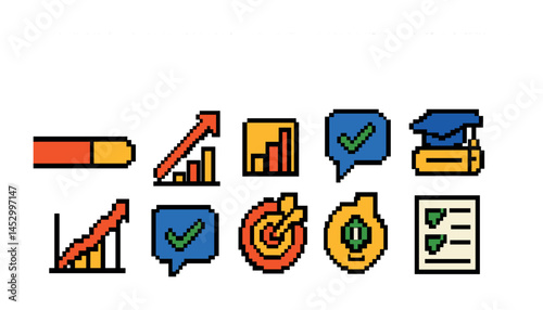 Education and learning pixel art icons set – graduation, study and academic symbols