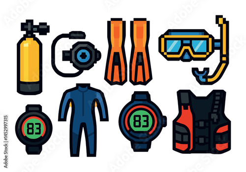 Diving and snorkeling pixel art icons set – marine, aquatic, underwater symbols