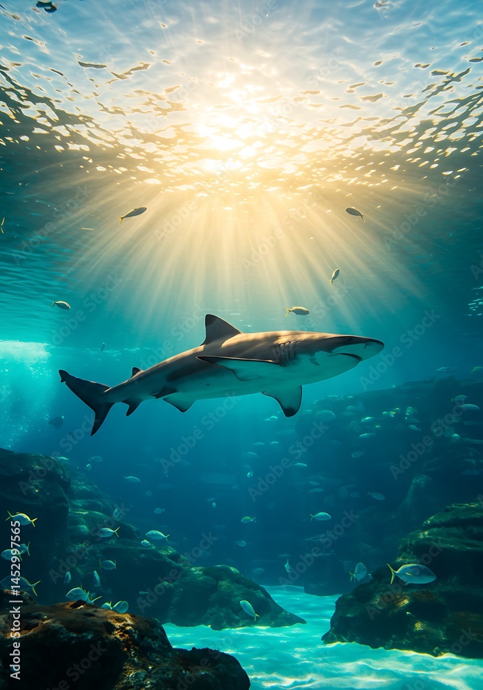 Obraz premium Ocean Majesty: Shark in Sunlit Depths AI Generated