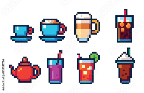 Beverage and coffee icons set – pixel art, drinks, cafe and bar symbols