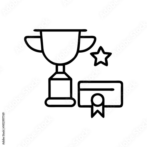 Trophy and diploma icon in outline style, reward and certification symbol